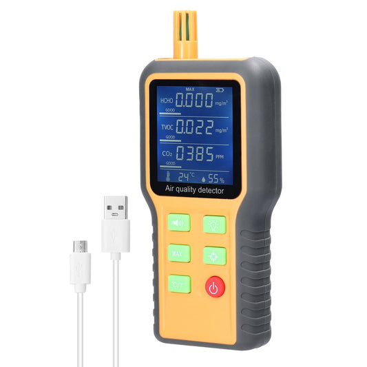 Multifunctional Air Quality Detector with LCD Backlit Display: CO2, TVOC, HCHO, Temperature & Humidity Sensors, Self-Calibrating & Alarm Function