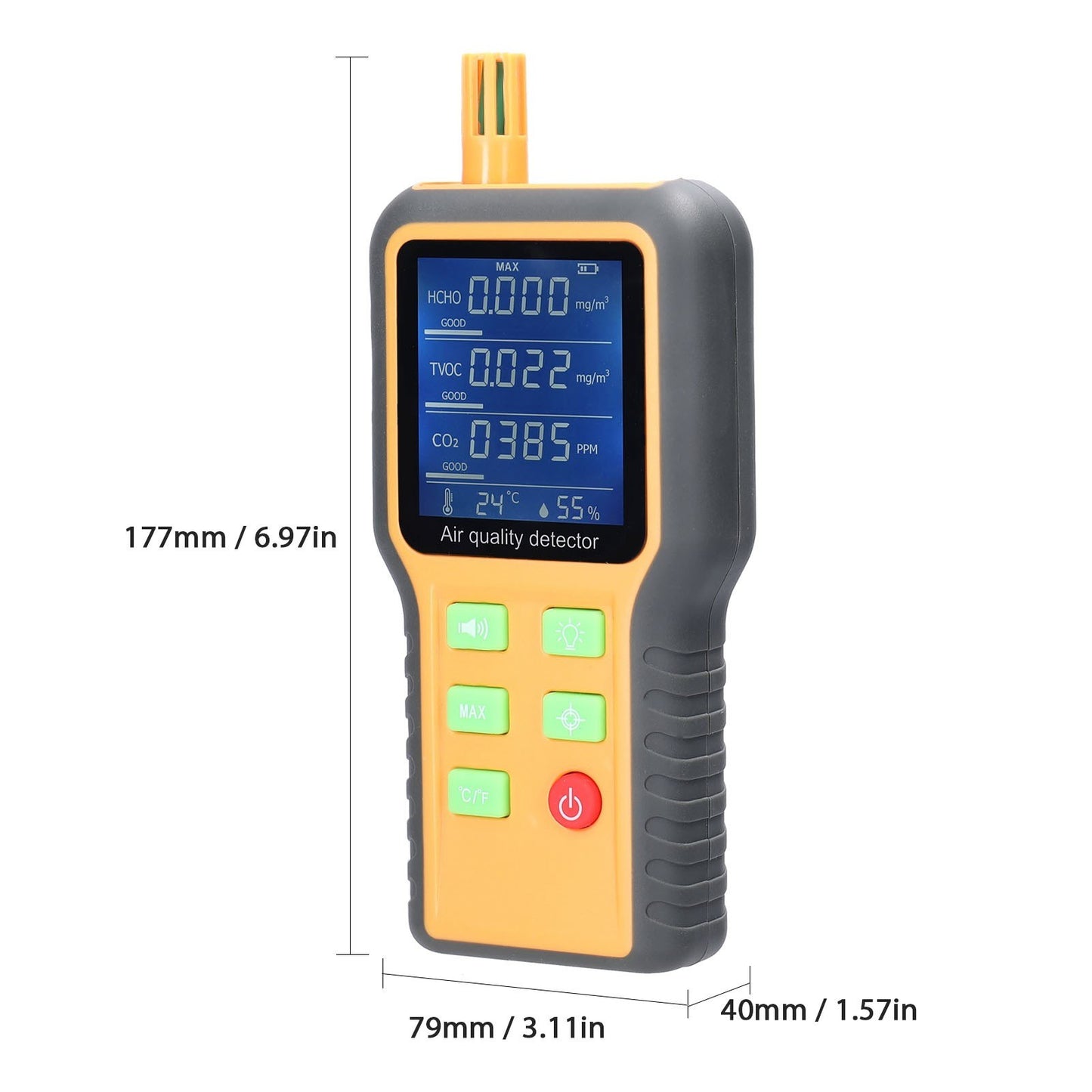 Multifunctional Air Quality Detector with LCD Backlit Display: CO2, TVOC, HCHO, Temperature & Humidity Sensors, Self-Calibrating & Alarm Function