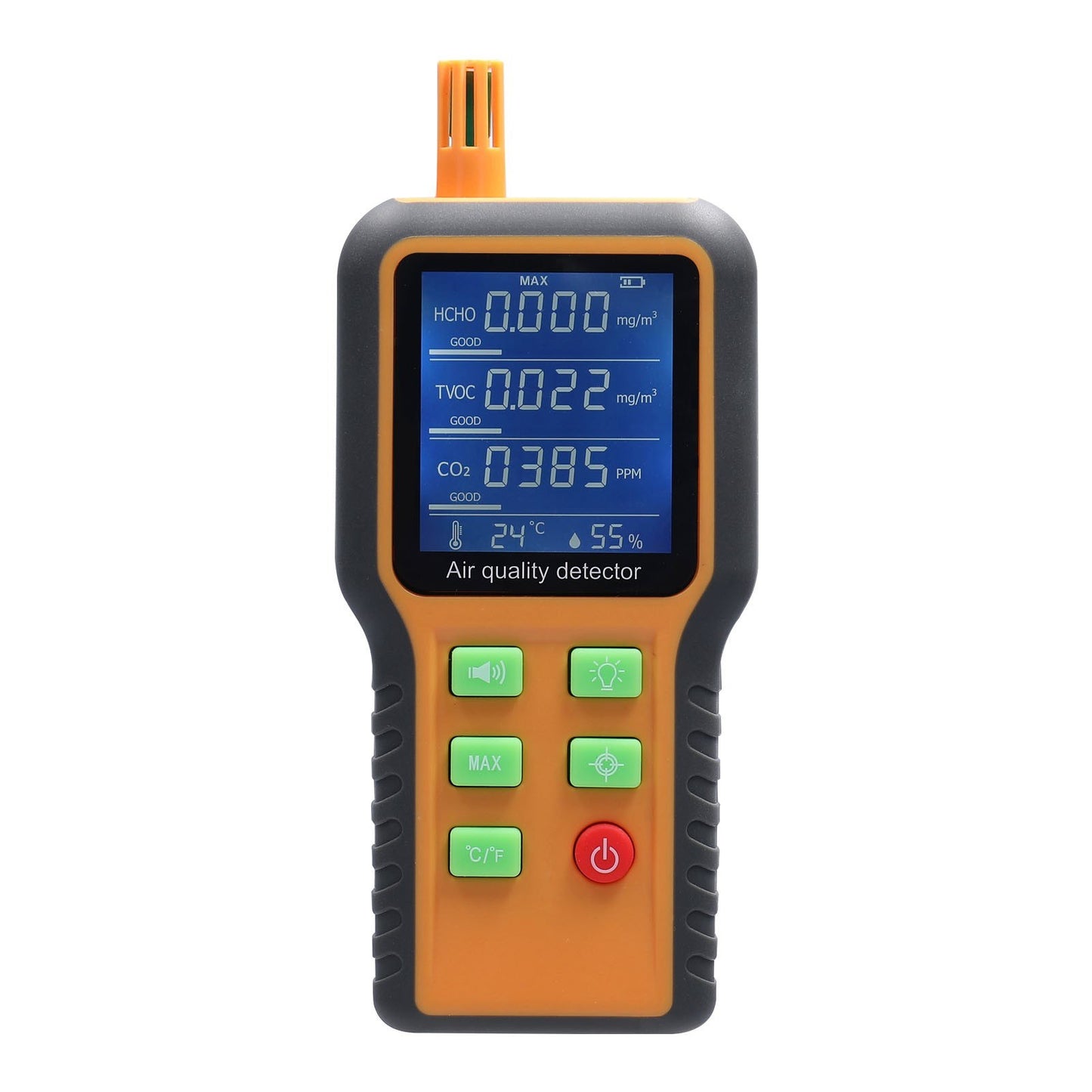 Multifunctional Air Quality Detector with LCD Backlit Display: CO2, TVOC, HCHO, Temperature & Humidity Sensors, Self-Calibrating & Alarm Function