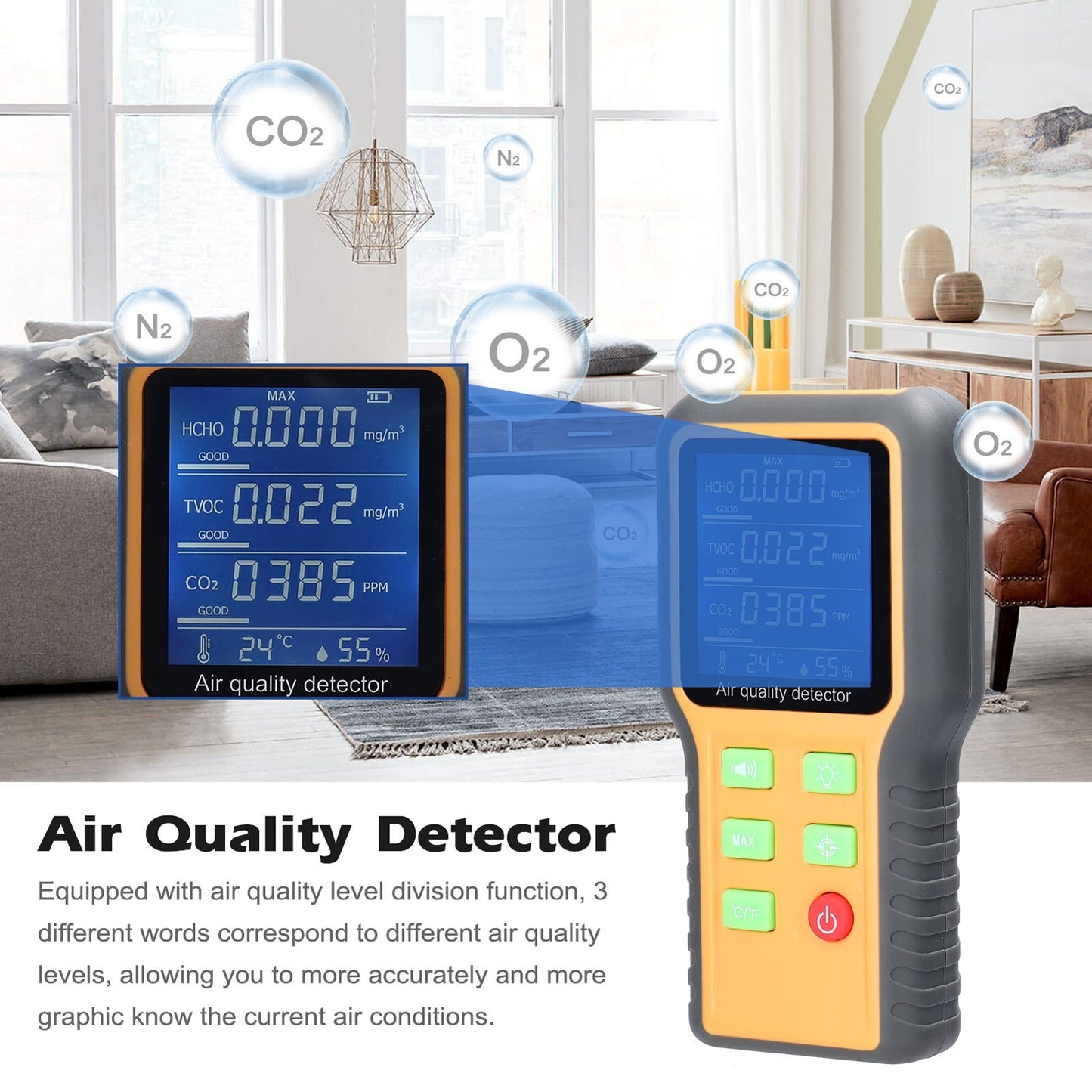 Multifunctional Air Quality Detector with LCD Backlit Display: CO2, TVOC, HCHO, Temperature & Humidity Sensors, Self-Calibrating & Alarm Function