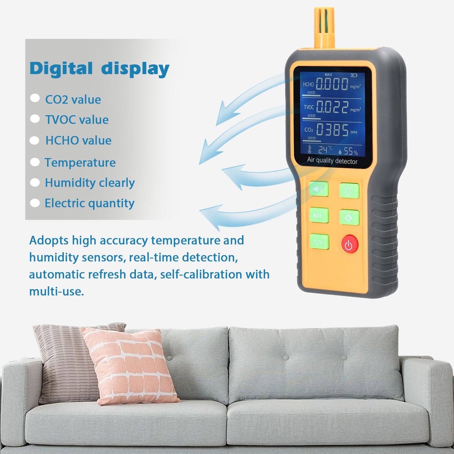 Multifunctional Air Quality Detector with LCD Backlit Display: CO2, TVOC, HCHO, Temperature & Humidity Sensors, Self-Calibrating & Alarm Function