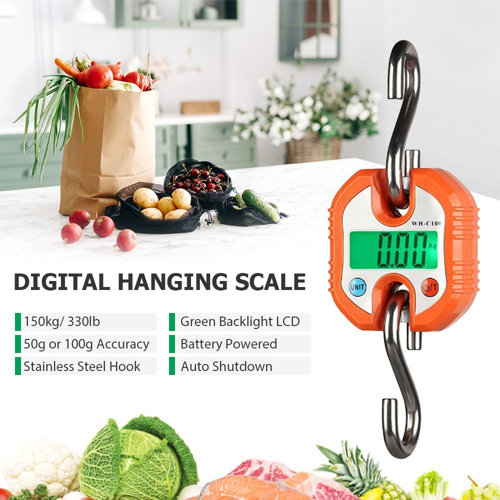 Portable Digital Hanging Scale 150kg/330lb with LCD Backlight & Steel Hook for Farm, Fishing, Hunting, Food Market & Outdoor Use