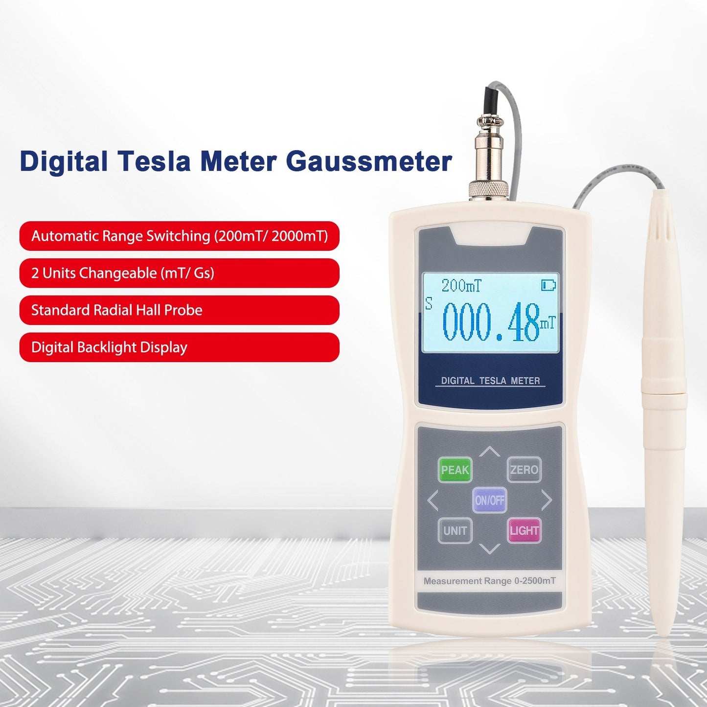 High-Accuracy Digital Tesla Gaussmeter with Auto Range (200mT/2000mT) & Radial Hall Probe in Plastic Box
