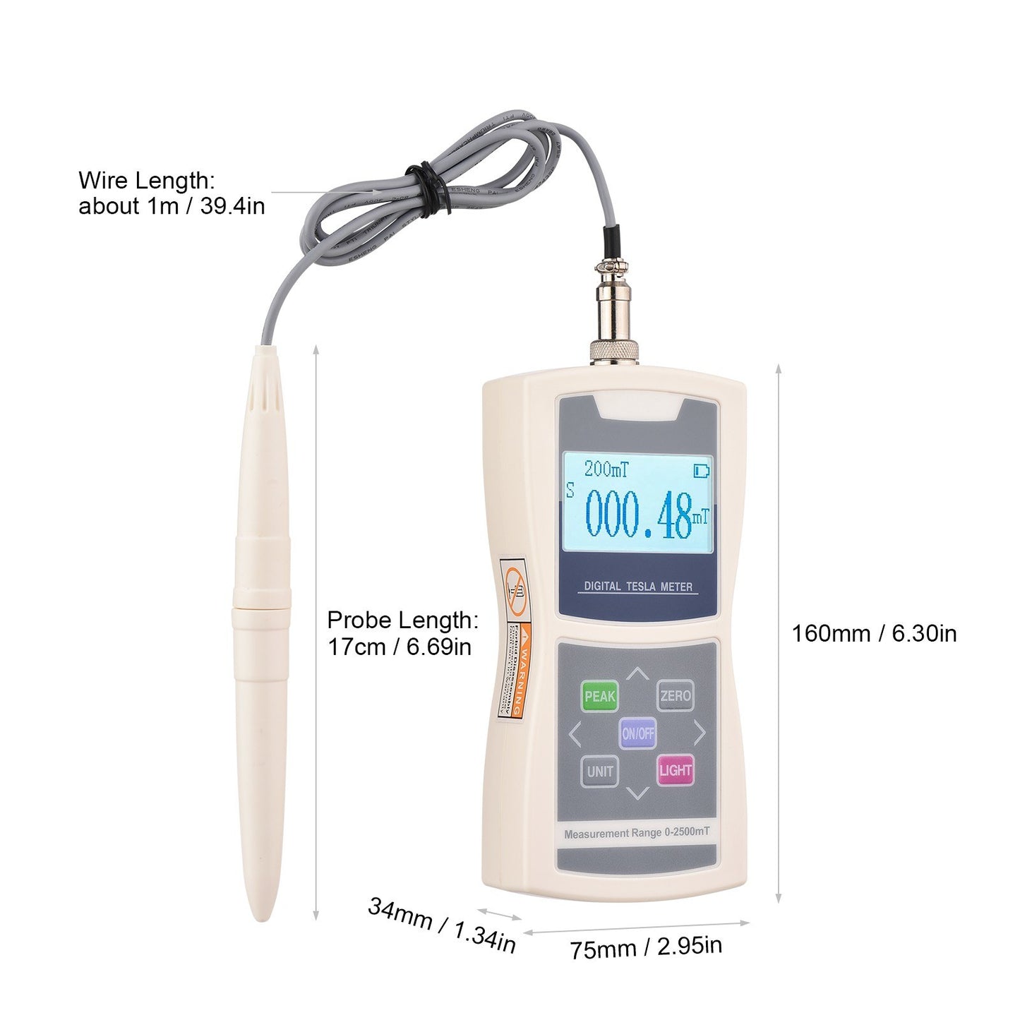 High-Accuracy Digital Tesla Gaussmeter with Auto Range (200mT/2000mT) & Radial Hall Probe in Plastic Box
