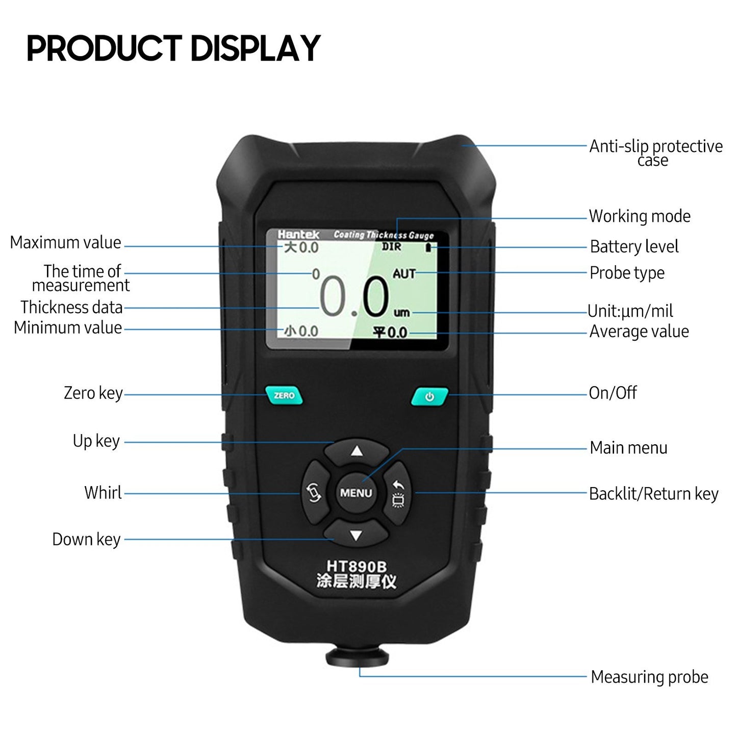 Hantek HT890B Portable Paint Coating Thickness Gauge with Backlit LCD & Alarm for Automotive Use
