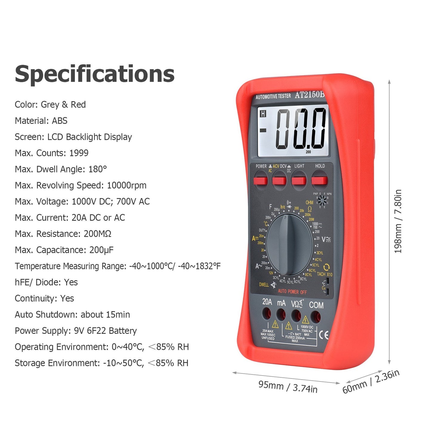1999-Count Smart Digital Multimeter with LCD Backlight - Automotive AC/DC Voltage, Current, Resistance & Temperature Tester