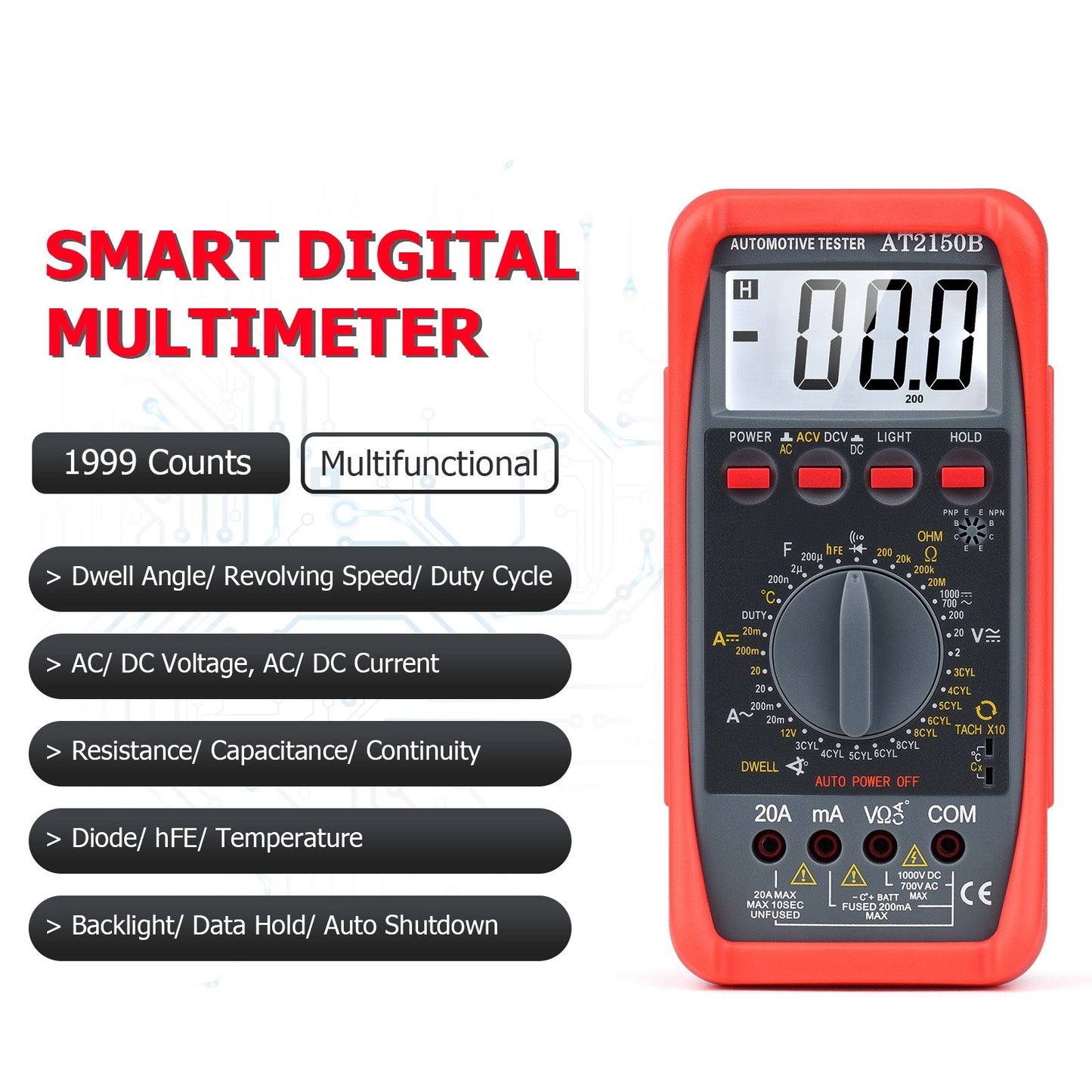 1999-Count Smart Digital Multimeter with LCD Backlight - Automotive AC/DC Voltage, Current, Resistance & Temperature Tester