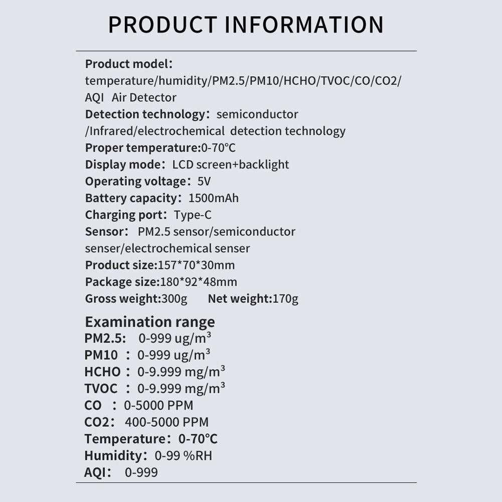 9-in-1 Handheld Air Quality Monitor: Temp, Humidity, PM2.5/PM10, HCHO, TVOC, CO, CO2, AQI