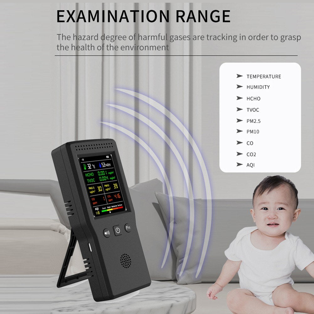 9-in-1 Handheld Air Quality Monitor: Temp, Humidity, PM2.5/PM10, HCHO, TVOC, CO, CO2, AQI