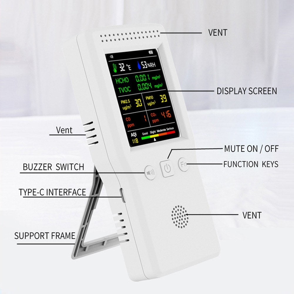 9-in-1 Handheld Air Quality Monitor: Temp, Humidity, PM2.5/PM10, HCHO, TVOC, CO, CO2, AQI