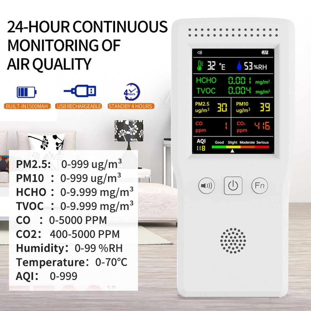 9-in-1 Handheld Air Quality Monitor: Temp, Humidity, PM2.5/PM10, HCHO, TVOC, CO, CO2, AQI