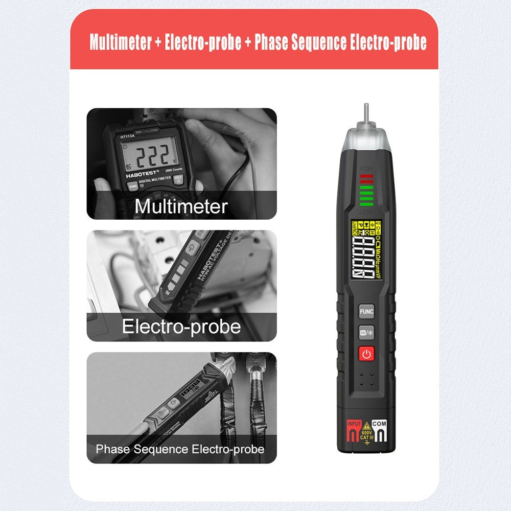HABOTEST HT122 Pen Type Digital Multimeter - Smart Handheld True RMS LCD, 4000 Counts, NCV