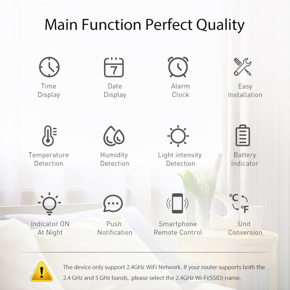 4-in-1 Tuya WiFi Smart Alarm Clock: Temperature, Humidity & Light Sensor with Mobile App Control