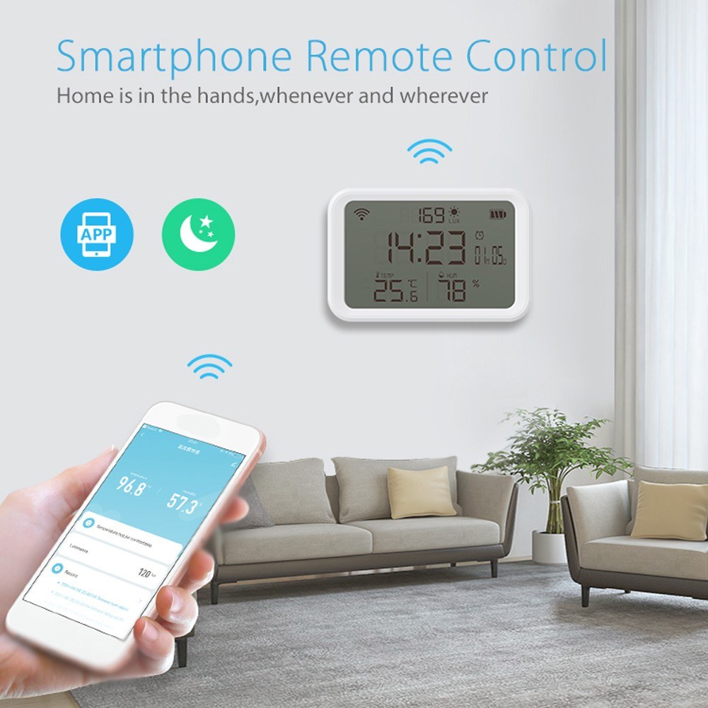 4-in-1 Tuya WiFi Smart Alarm Clock: Temperature, Humidity & Light Sensor with Mobile App Control