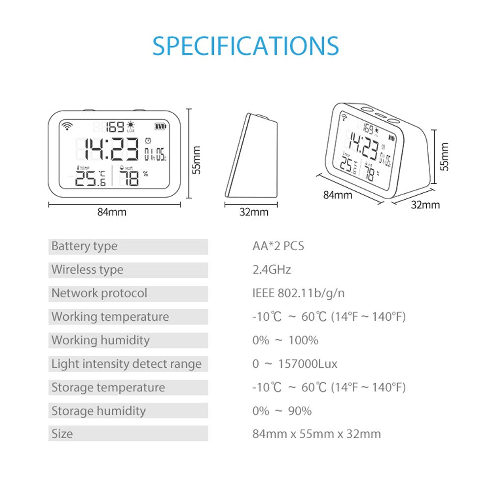 4-in-1 Tuya WiFi Smart Alarm Clock: Temperature, Humidity & Light Sensor with Mobile App Control