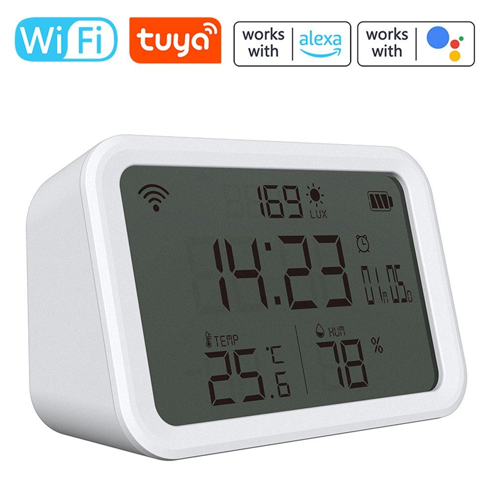 4-in-1 Tuya WiFi Smart Alarm Clock: Temperature, Humidity & Light Sensor with Mobile App Control