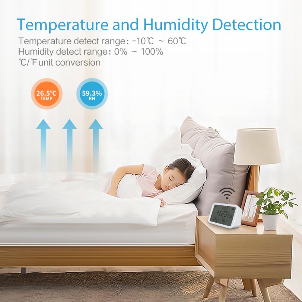 4-in-1 Tuya WiFi Smart Alarm Clock: Temperature, Humidity & Light Sensor with Mobile App Control