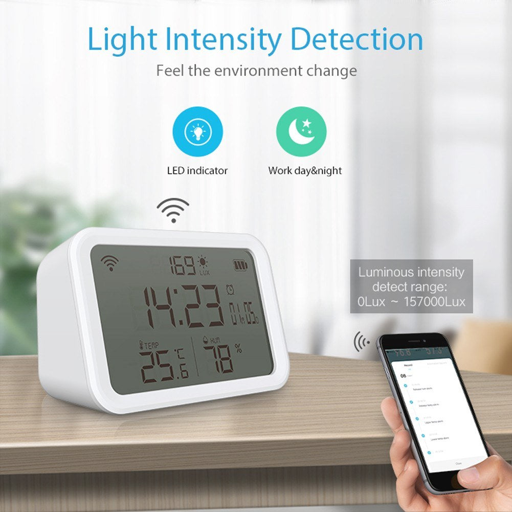 4-in-1 Tuya WiFi Smart Alarm Clock: Temperature, Humidity & Light Sensor with Mobile App Control