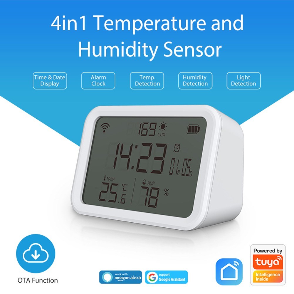 4-in-1 Tuya WiFi Smart Alarm Clock: Temperature, Humidity & Light Sensor with Mobile App Control