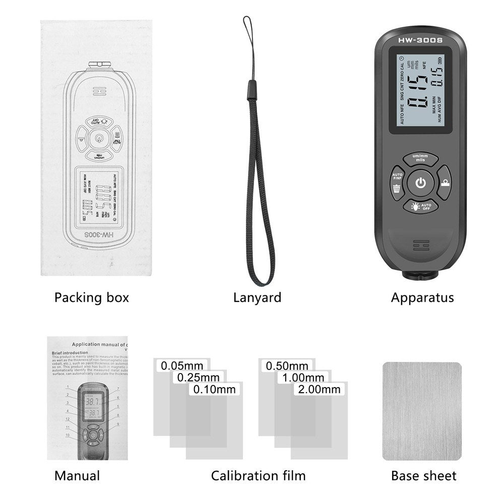 HW-300S Digital Coating Thickness Gauge - High Accuracy Paint Film Tester with LCD Backlight