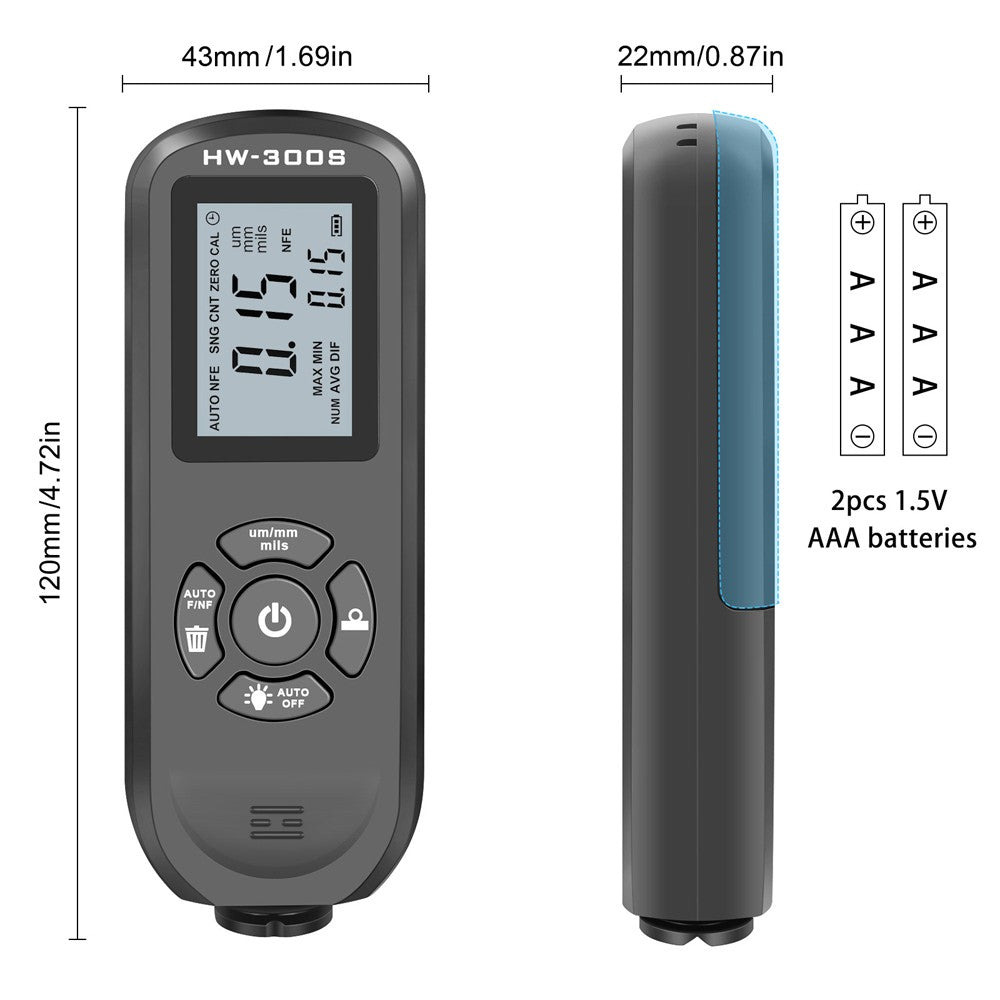 HW-300S Digital Coating Thickness Gauge - High Accuracy Paint Film Tester with LCD Backlight