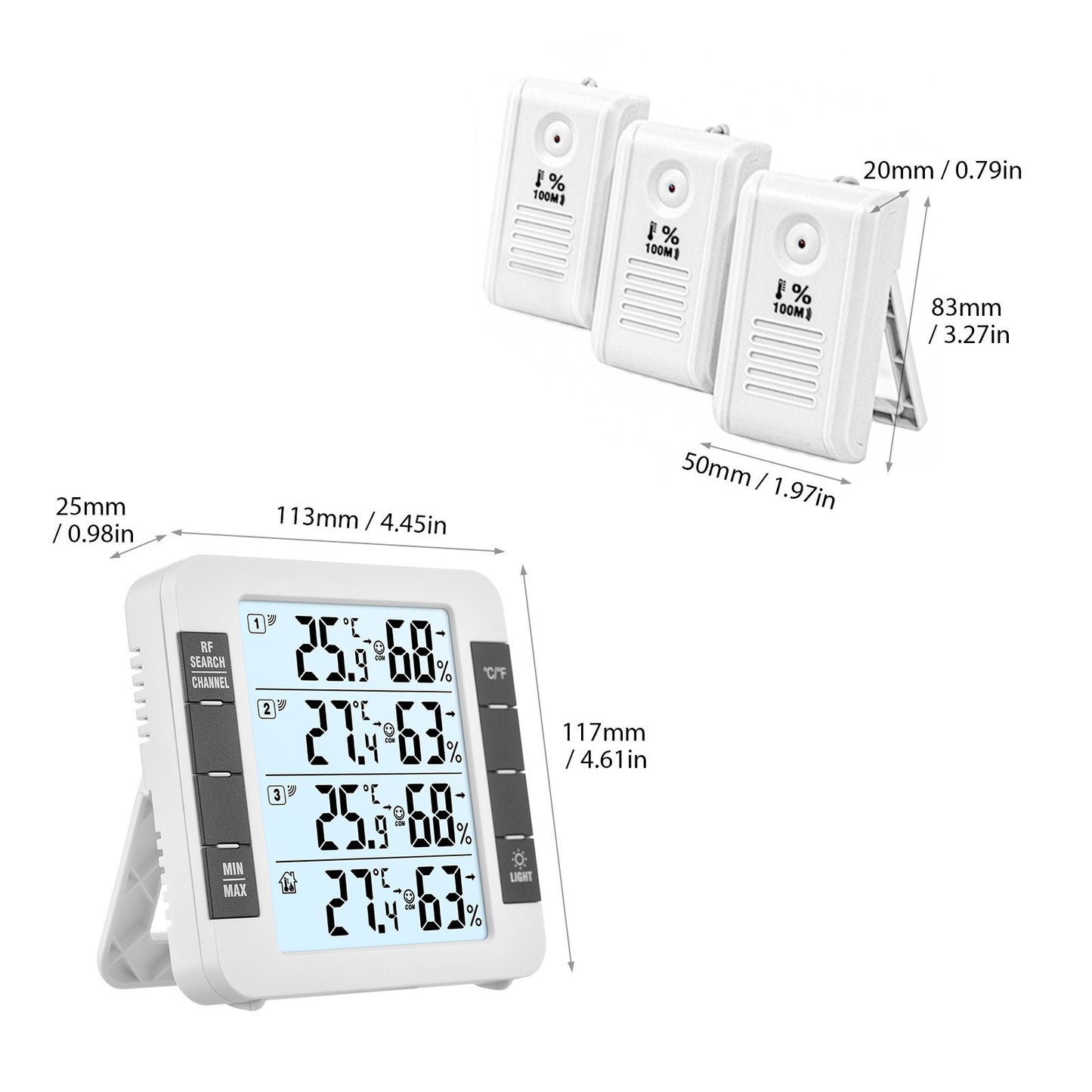 3-Channel Digital Indoor/Outdoor Thermo-Hygrometer with 328ft Remote Sensor, Backlight Display, and 3 Transmitters for Home, Office, Greenhouse, Warehouse - Temperature & Humidity Monitor