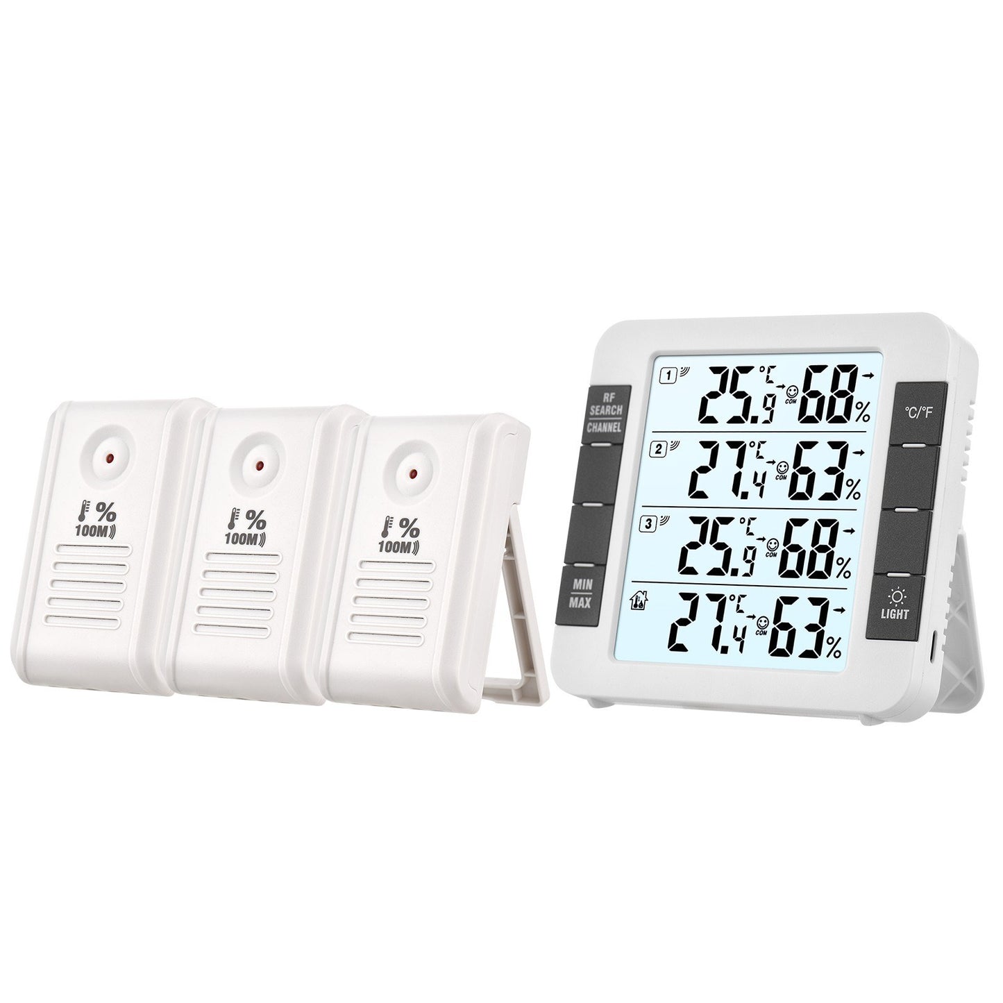 3-Channel Digital Indoor/Outdoor Thermo-Hygrometer with 328ft Remote Sensor, Backlight Display, and 3 Transmitters for Home, Office, Greenhouse, Warehouse - Temperature & Humidity Monitor