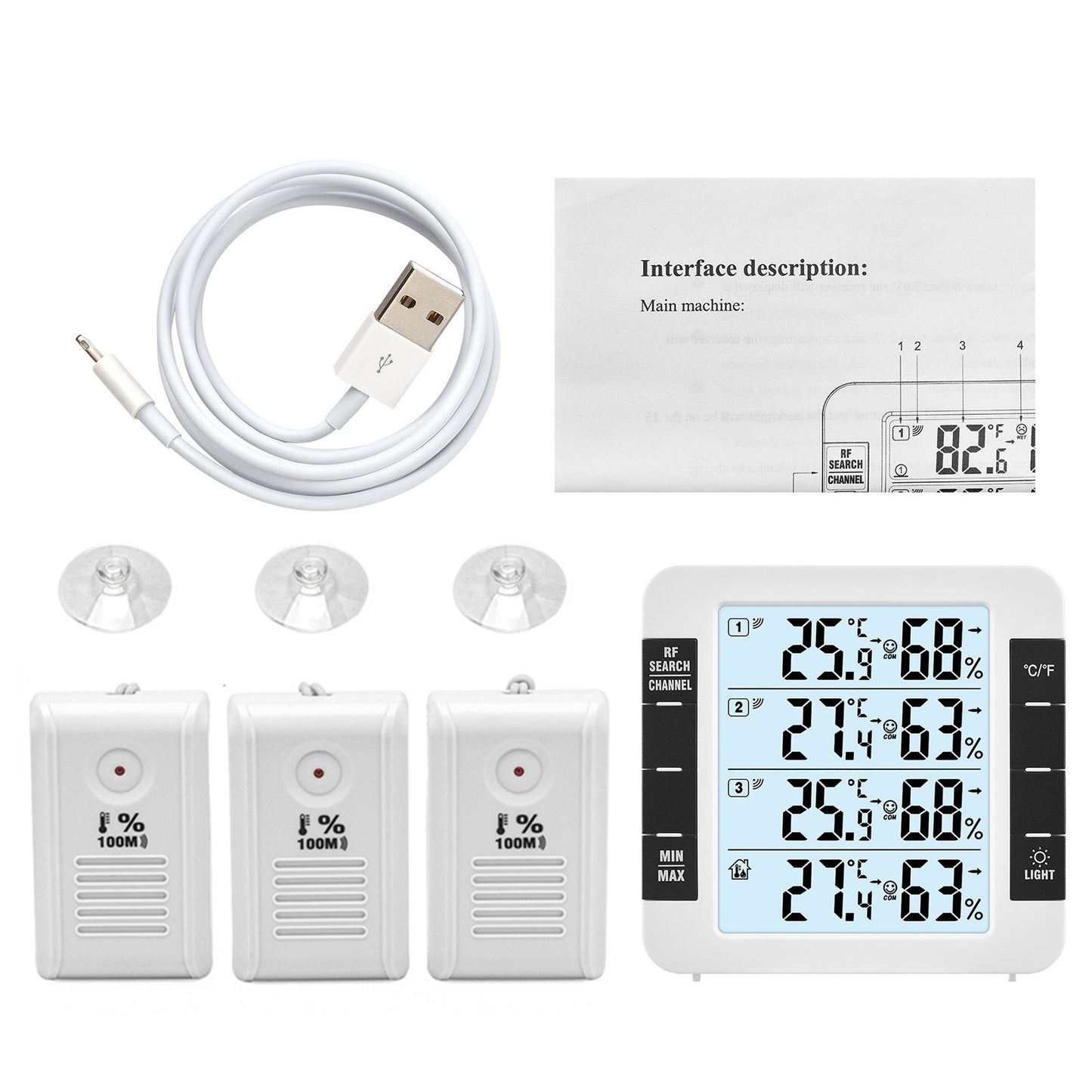 3-Channel Digital Indoor/Outdoor Thermo-Hygrometer with 328ft Remote Sensor, Backlight Display, and 3 Transmitters for Home, Office, Greenhouse, Warehouse - Temperature & Humidity Monitor