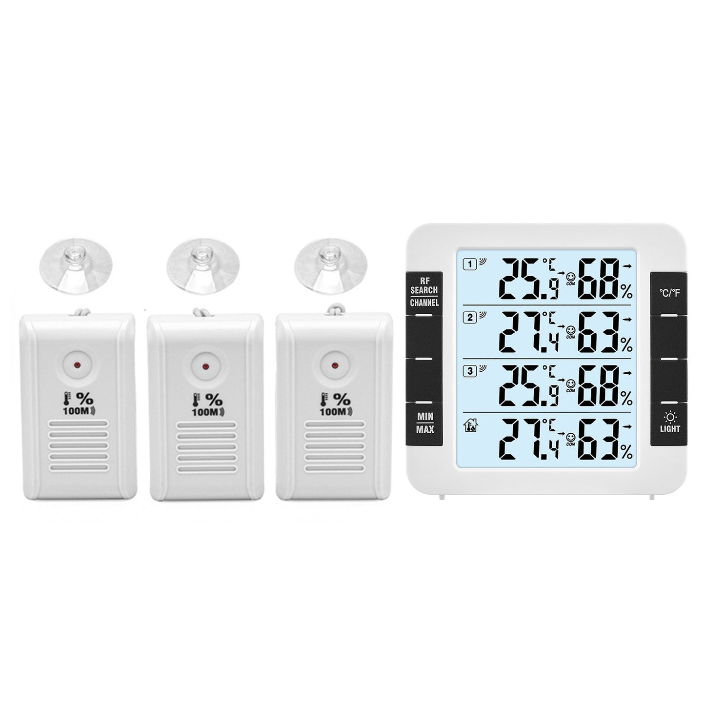 3-Channel Digital Indoor/Outdoor Thermo-Hygrometer with 328ft Remote Sensor, Backlight Display, and 3 Transmitters for Home, Office, Greenhouse, Warehouse - Temperature & Humidity Monitor