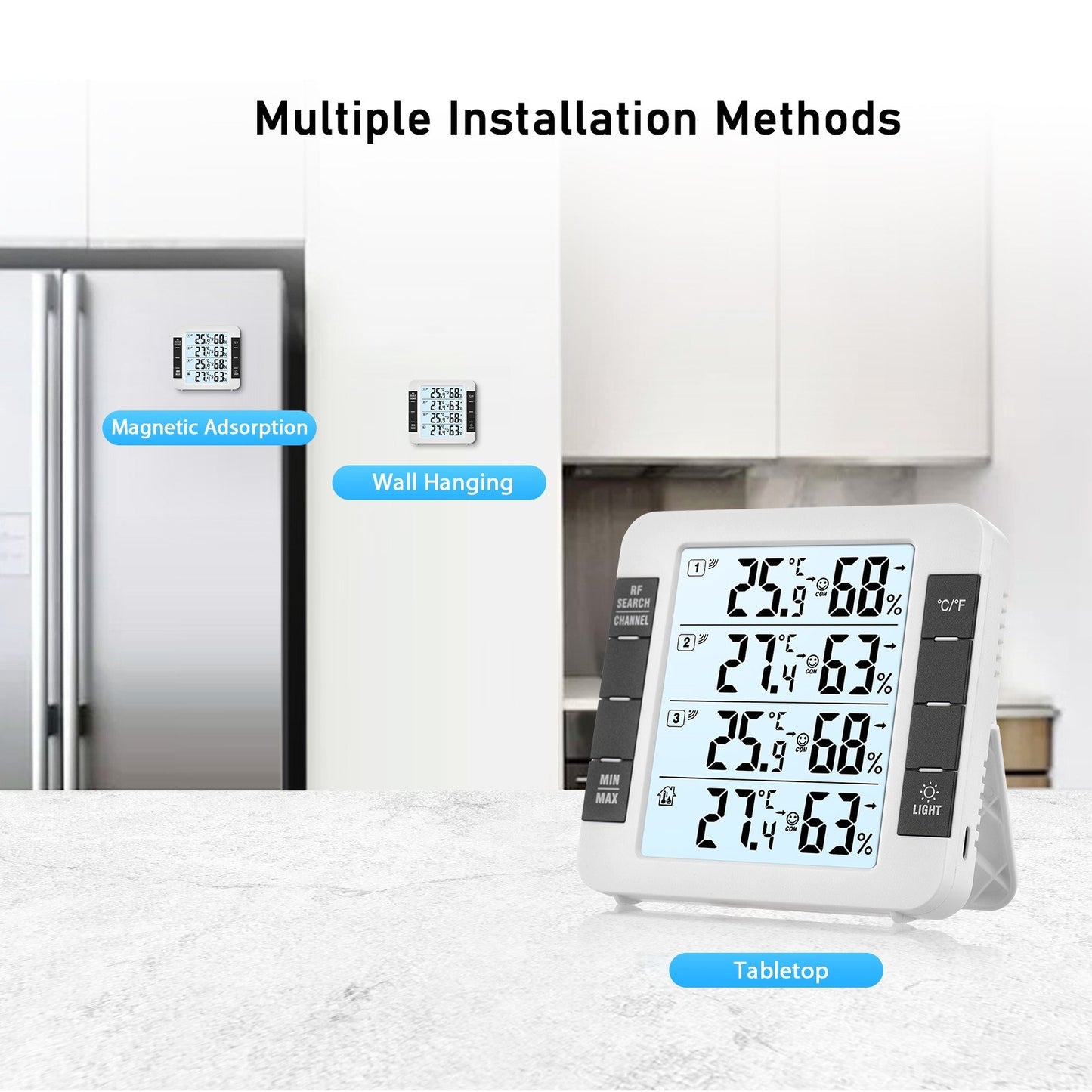 3-Channel Digital Indoor/Outdoor Thermo-Hygrometer with 328ft Remote Sensor, Backlight Display, and 3 Transmitters for Home, Office, Greenhouse, Warehouse - Temperature & Humidity Monitor