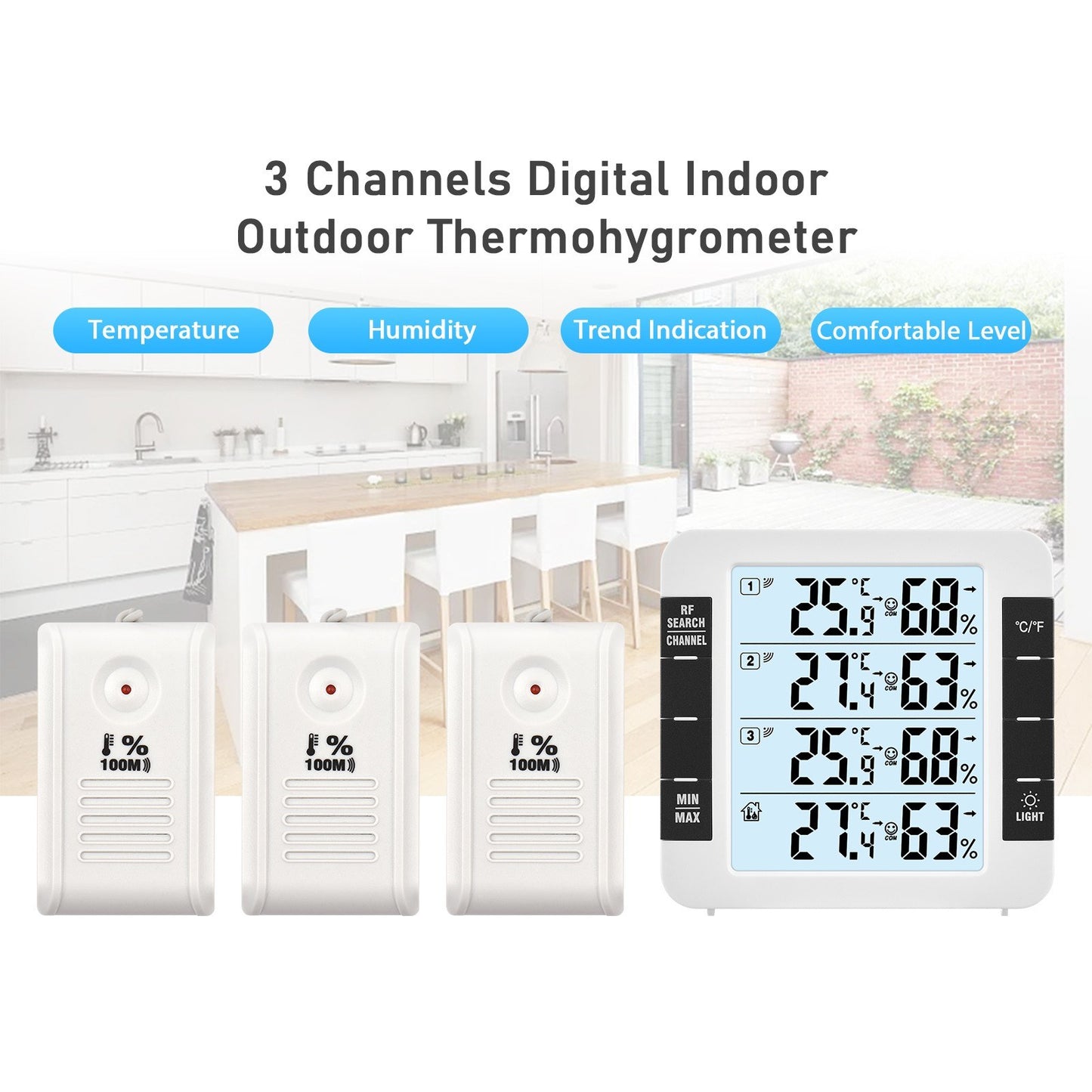 3-Channel Digital Indoor/Outdoor Thermo-Hygrometer with 328ft Remote Sensor, Backlight Display, and 3 Transmitters for Home, Office, Greenhouse, Warehouse - Temperature & Humidity Monitor