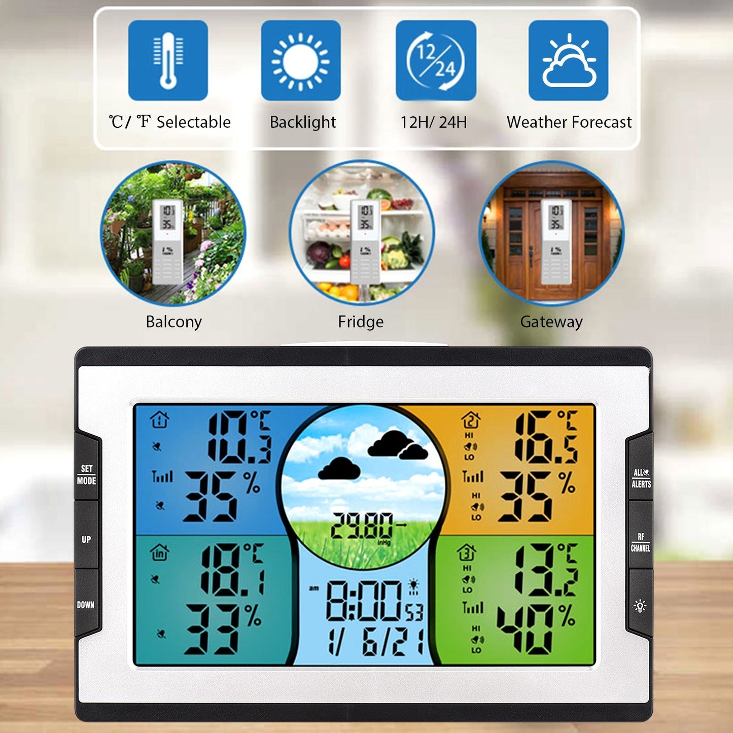 Wireless Digital Weather Station: Indoor Outdoor Thermohygrometer with Alarm Clock, 3 Remote Sensors, Weather Forecast, and Backlight for Home, Office, Greenhouse, Warehouse