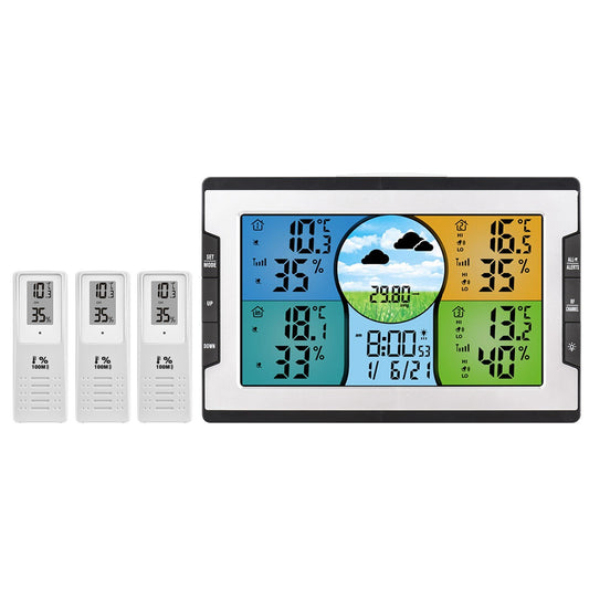 Wireless Digital Weather Station: Indoor Outdoor Thermohygrometer with Alarm Clock, 3 Remote Sensors, Weather Forecast, and Backlight for Home, Office, Greenhouse, Warehouse