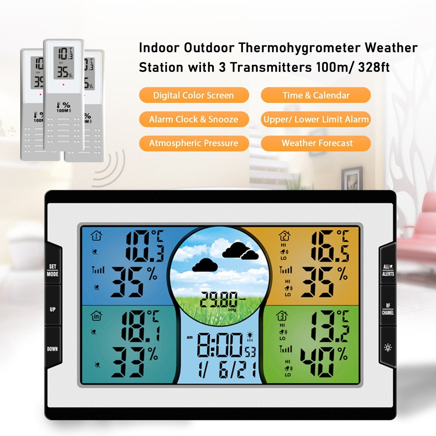 Wireless Digital Weather Station: Indoor Outdoor Thermohygrometer with Alarm Clock, 3 Remote Sensors, Weather Forecast, and Backlight for Home, Office, Greenhouse, Warehouse