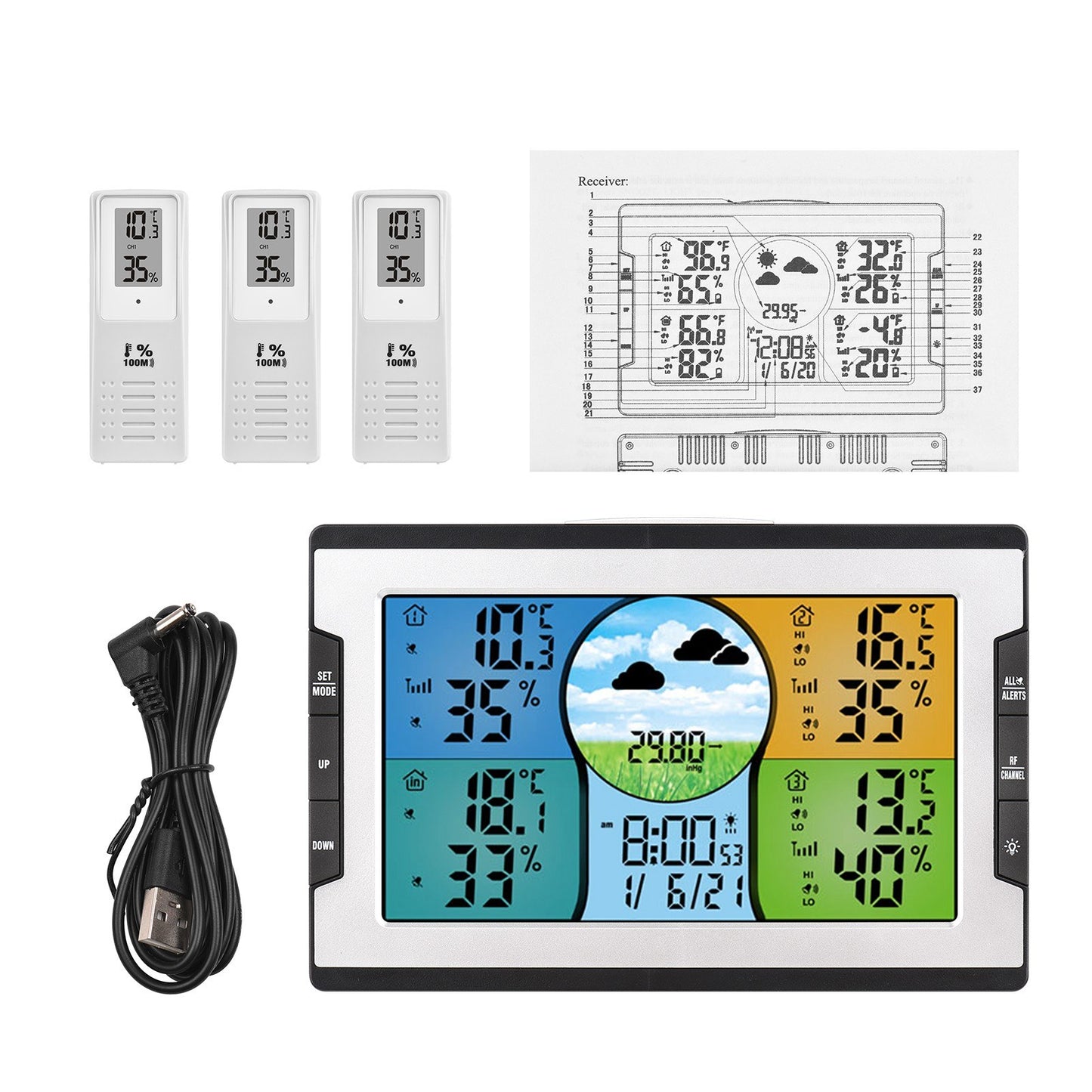 Wireless Digital Weather Station: Indoor Outdoor Thermohygrometer with Alarm Clock, 3 Remote Sensors, Weather Forecast, and Backlight for Home, Office, Greenhouse, Warehouse