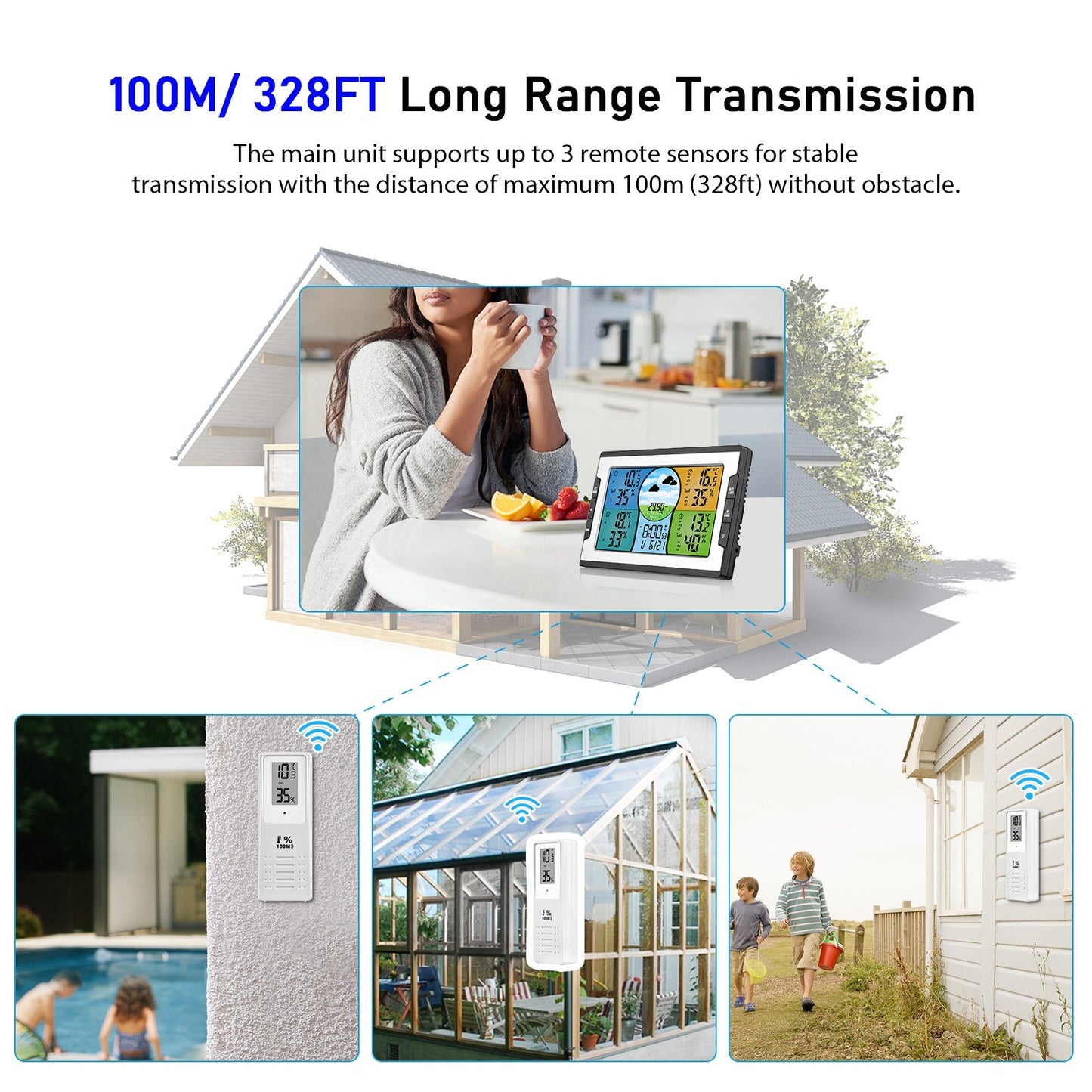 Wireless Digital Weather Station: Indoor Outdoor Thermohygrometer with Alarm Clock, 3 Remote Sensors, Weather Forecast, and Backlight for Home, Office, Greenhouse, Warehouse