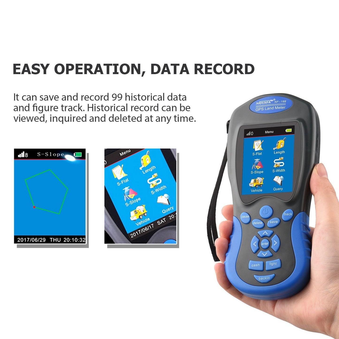 NOYAFA NF-188 GPS Handheld Land Meter - Digital LCD Area & Length Measuring Device for Farmland Surveying, Automatic & Manual Modes for Outdoor Use