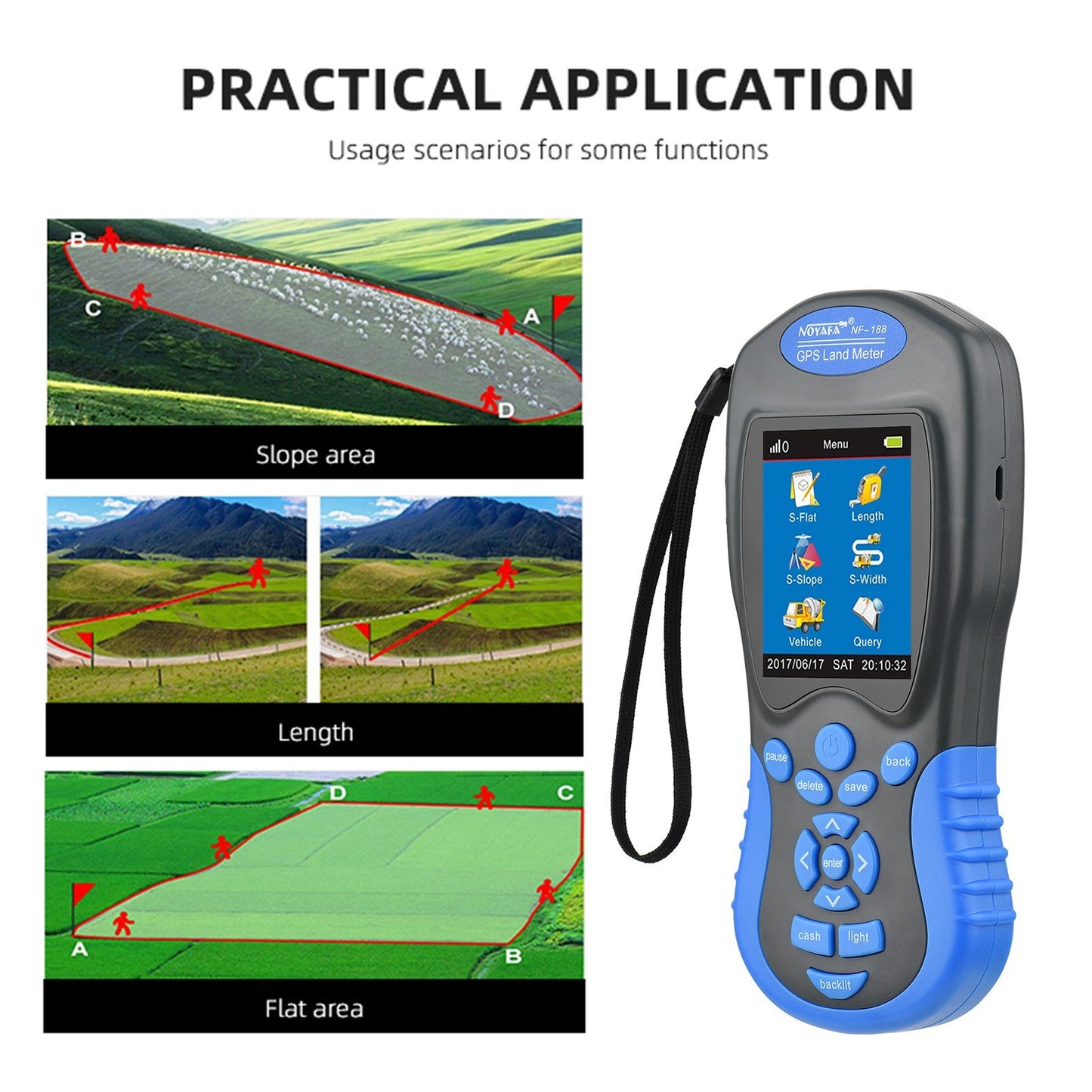 NOYAFA NF-188 GPS Handheld Land Meter - Digital LCD Area & Length Measuring Device for Farmland Surveying, Automatic & Manual Modes for Outdoor Use