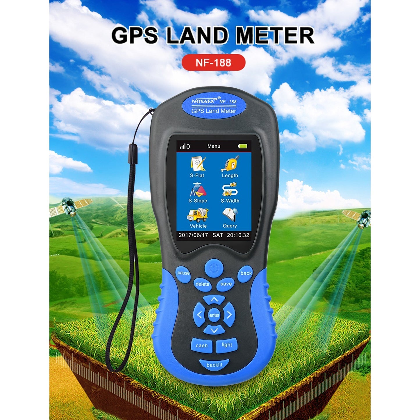 NOYAFA NF-188 GPS Handheld Land Meter - Digital LCD Area & Length Measuring Device for Farmland Surveying, Automatic & Manual Modes for Outdoor Use