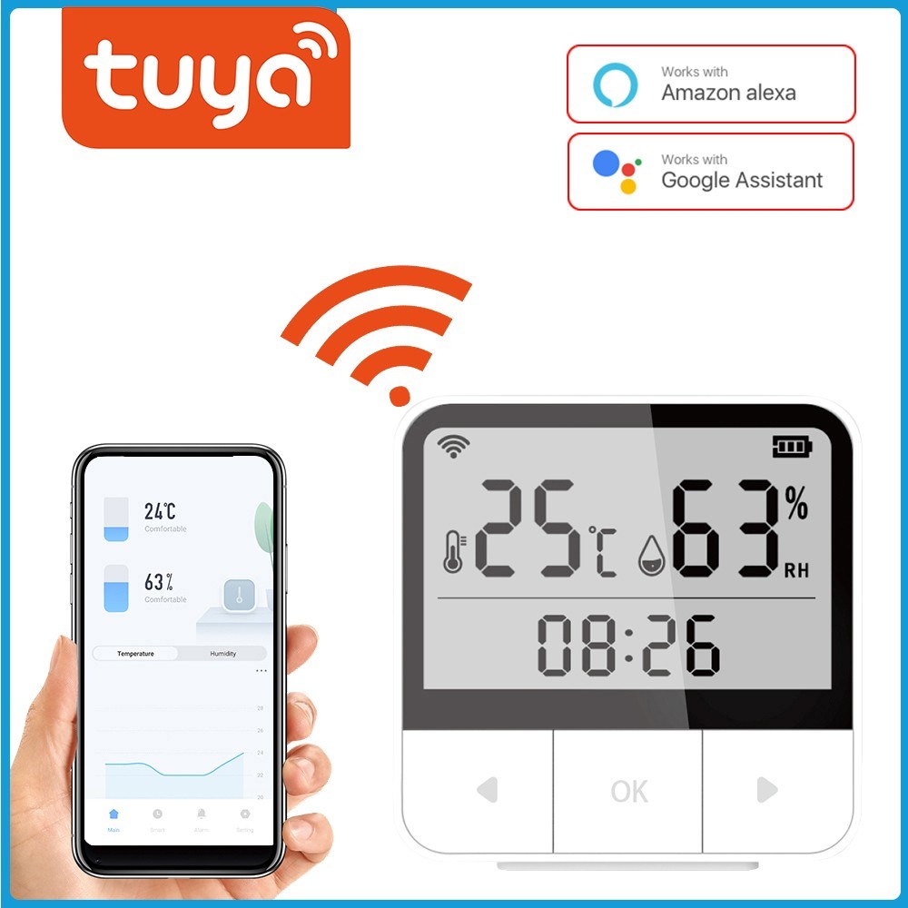 Tuya WiFi Smart Temperature & Humidity Sensor with Time & Date Display, Compatible with Alexa for Home & Office Use