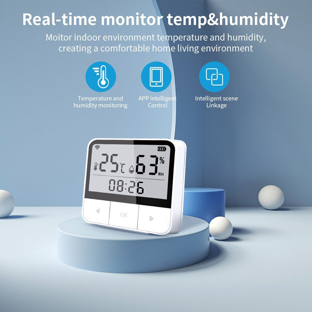 Tuya WiFi Smart Temperature & Humidity Sensor with Time & Date Display, Compatible with Alexa for Home & Office Use
