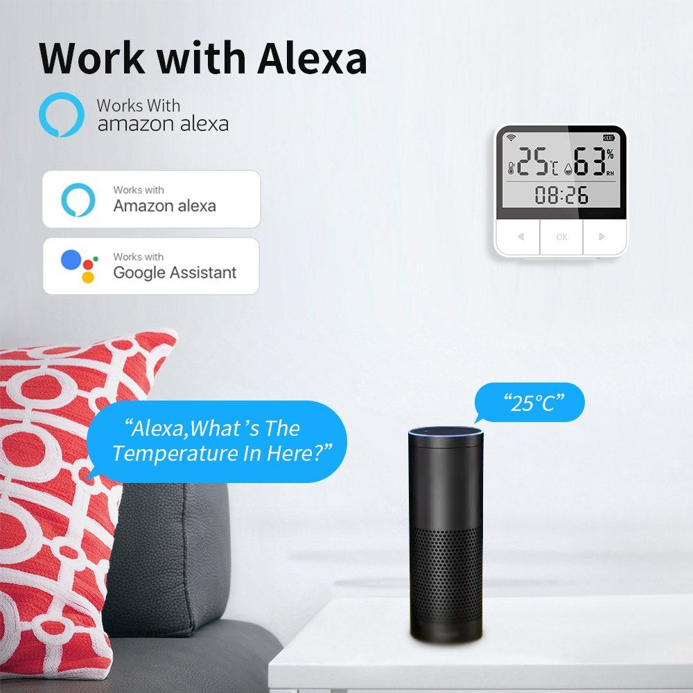 Tuya WiFi Smart Temperature & Humidity Sensor with Time & Date Display, Compatible with Alexa for Home & Office Use