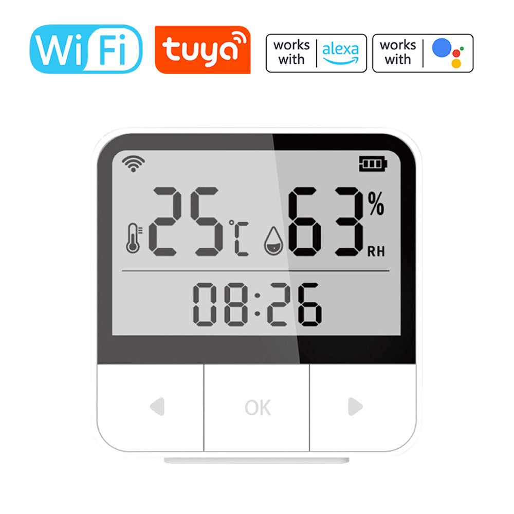 Tuya WiFi Smart Temperature & Humidity Sensor with Time & Date Display, Compatible with Alexa for Home & Office Use