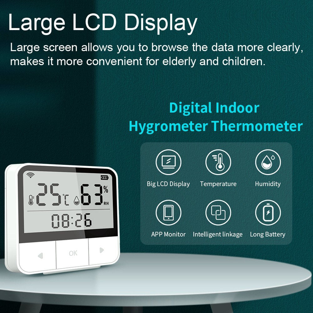 Tuya WiFi Smart Temperature & Humidity Sensor with Time & Date Display, Compatible with Alexa for Home & Office Use
