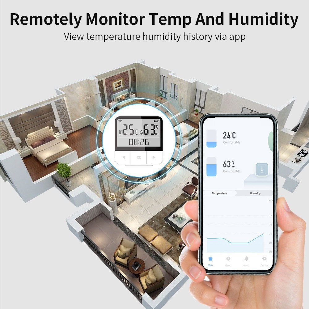 Tuya WiFi Smart Temperature & Humidity Sensor with Time & Date Display, Compatible with Alexa for Home & Office Use