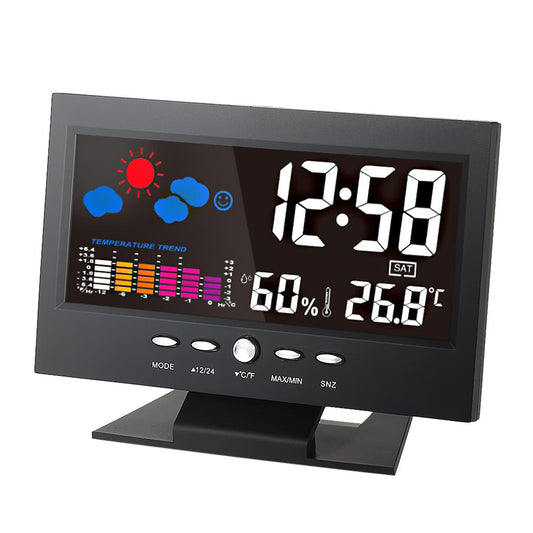 Multifunctional Indoor LCD Weather Station: Temperature, Humidity, Alarm & Forecast with Voice-Activated Backlight & USB