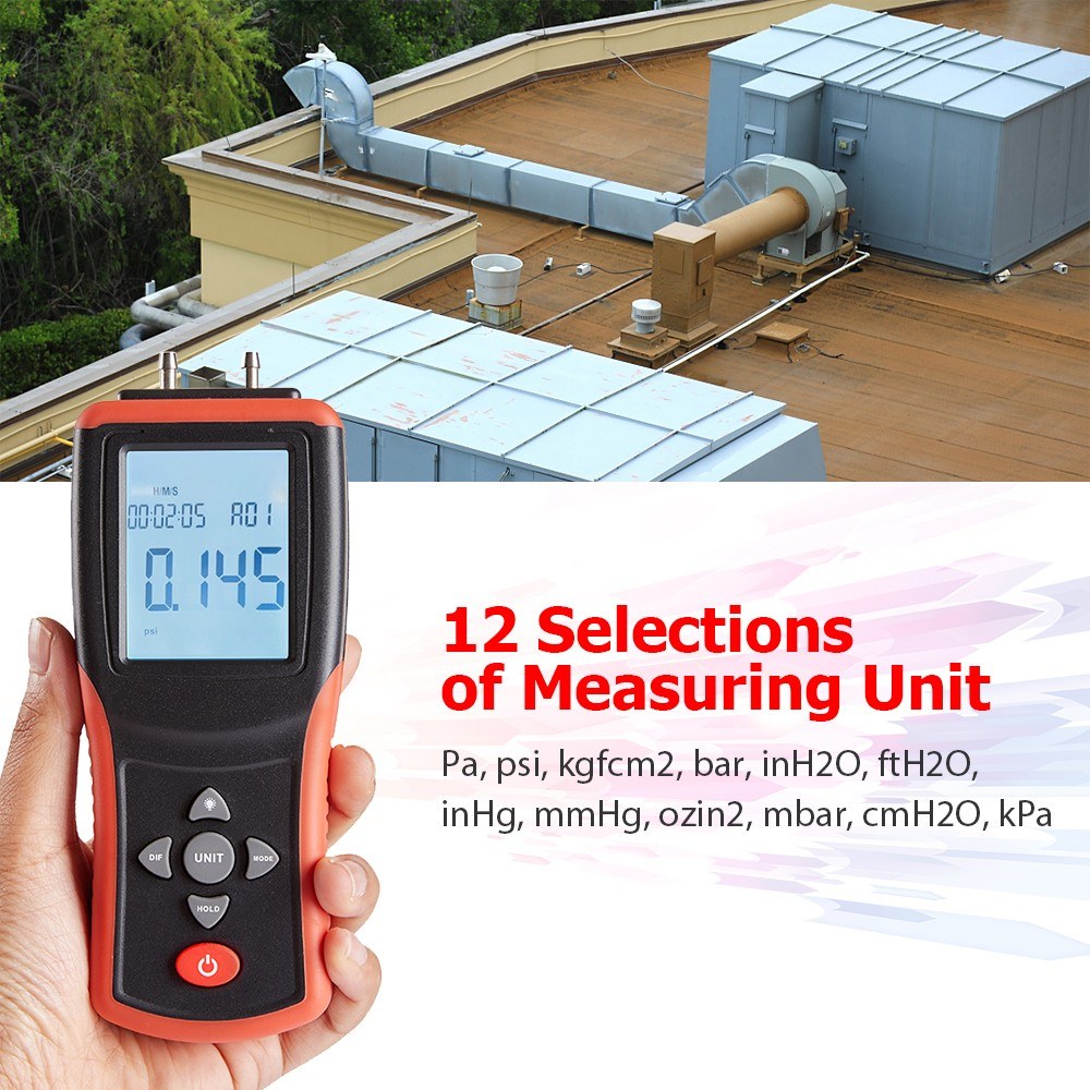 High-Precision Digital Manometer 2.4 LCD | Dual-Port ±2Psi Air Pressure Gauge with 12 Units