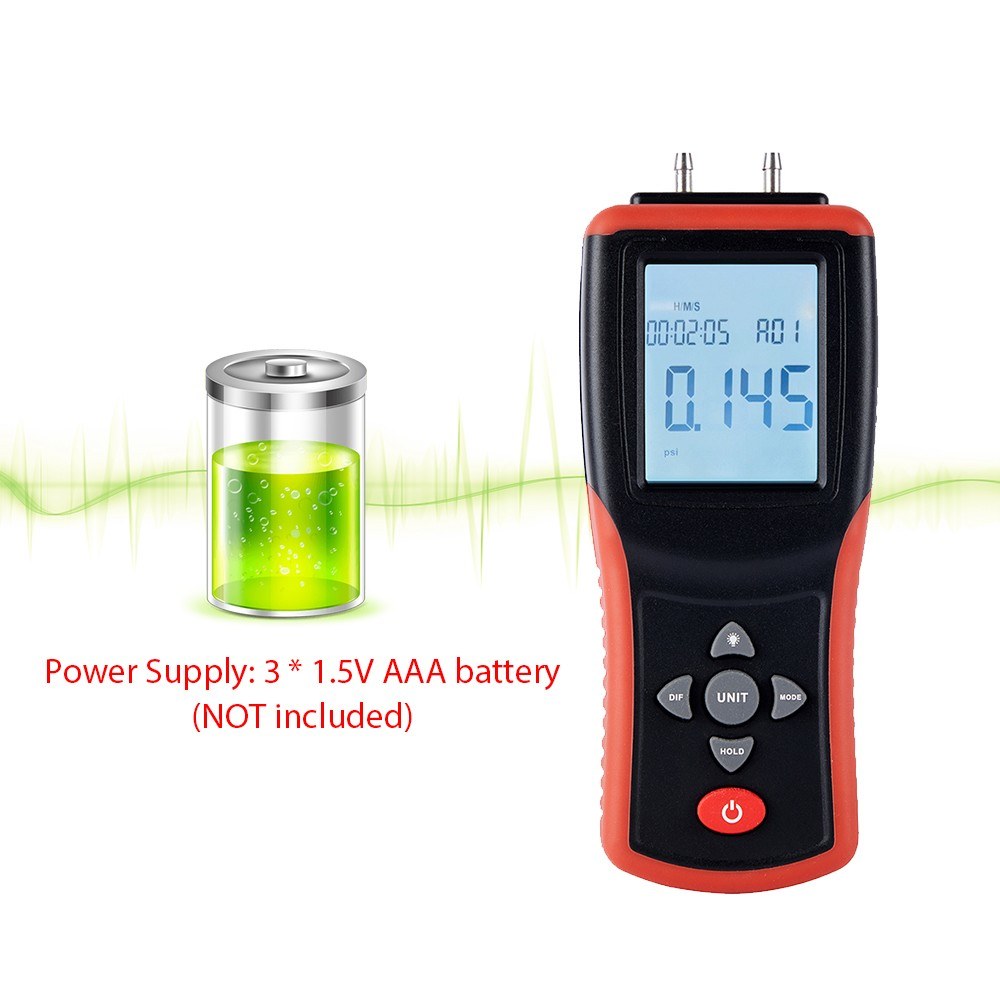 High-Precision Digital Manometer 2.4 LCD | Dual-Port ±2Psi Air Pressure Gauge with 12 Units