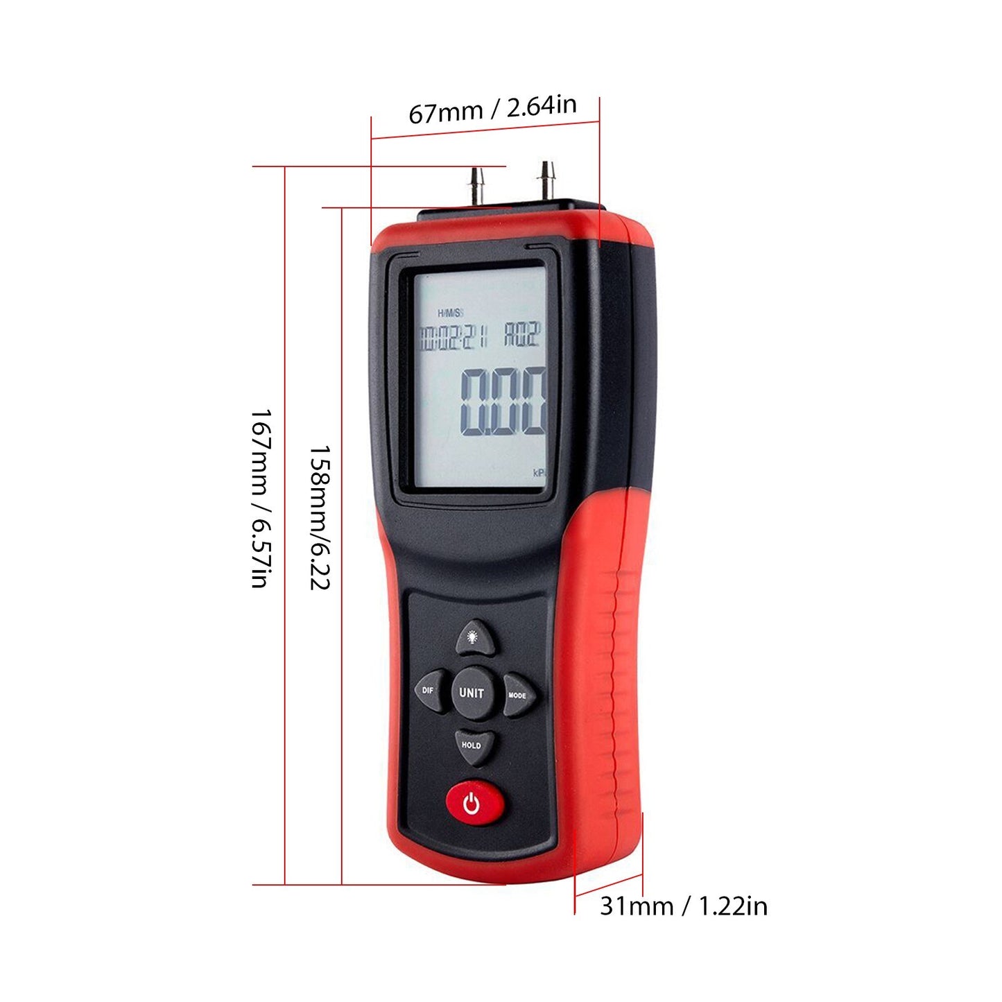 High-Precision Digital Manometer 2.4 LCD | Dual-Port ±2Psi Air Pressure Gauge with 12 Units