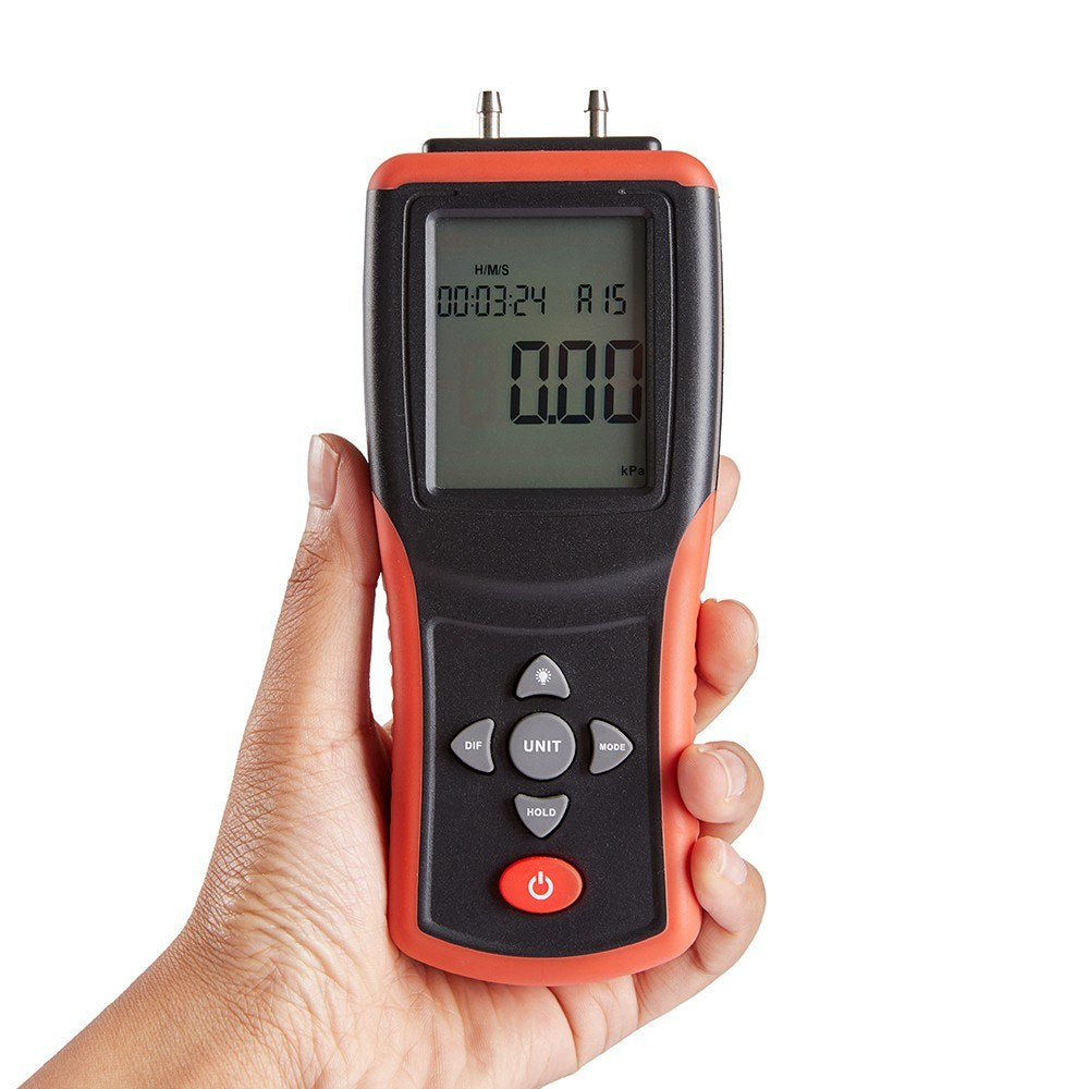 High-Precision Digital Manometer 2.4 LCD | Dual-Port ±2Psi Air Pressure Gauge with 12 Units